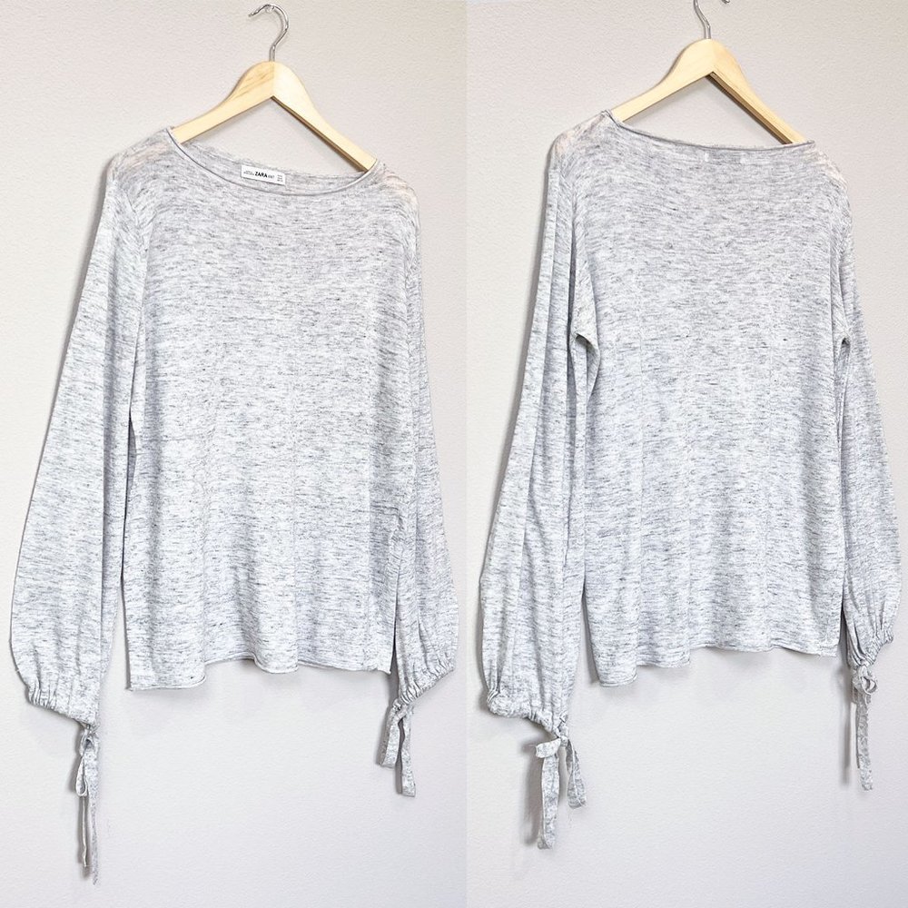Zara Heather Gray Long Bow Tie Strap Cuff Balloon Sleeves Light Weight Sweater S - Picture 3 of 11